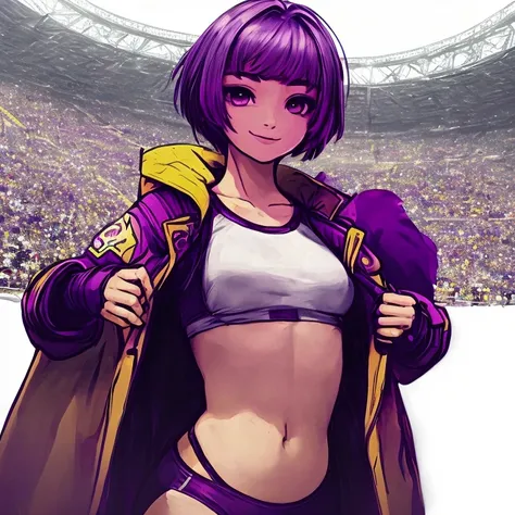 masterpiece, highest quality, 1 girl, alone, Ten generations, purple hair, short hair, purple eyes, side parted bangs, short bangs, smile, medium breasts, coat,purple glove bloomers, outdoor, athletics stadium, smug