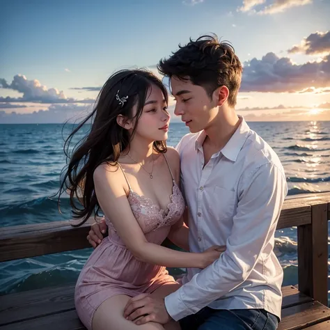 A couple sits on top of a pier watching the sunset.