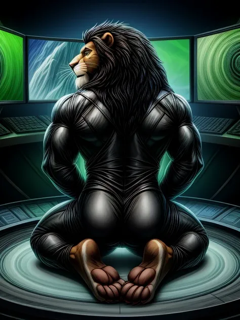 2d portrait, very detailed faces, anatomically correct, furry art, hypnotised barefoot Scar (muscular anthropomorphic lion, black mane, Lion king) wearing black ninja suit, kneeling, concentrating on a monitor with a recording of a green hypnotic spiral, d...