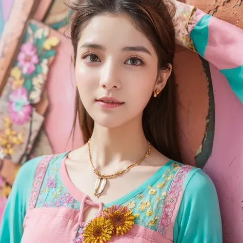 (extra detailed body、highly detailed face、best quality:1.2)、woman、looking at the viewer、（Wacky fashion、dried flower、necklace, pastel clothing、asymmetrical)、(Colorful color wall)