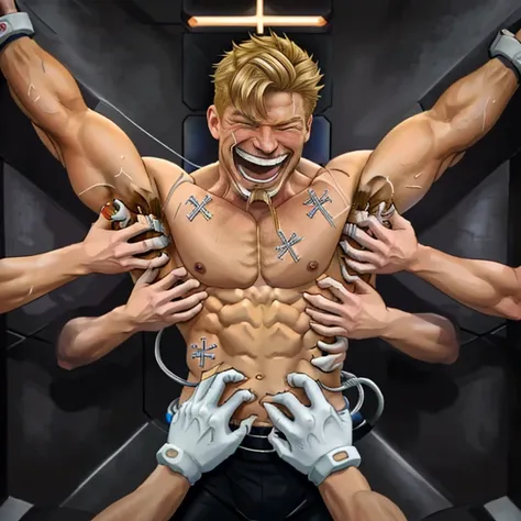 (2men), (macho body), blonde, ginger, brunette, muscular shirtless men, tied in stocks pose next to eachother in bondage crosses, armpit grab, tickled armpits, tickle torture,, tickled sides, laughing, side grab,  tickled by disembodied mechanical hands, (...