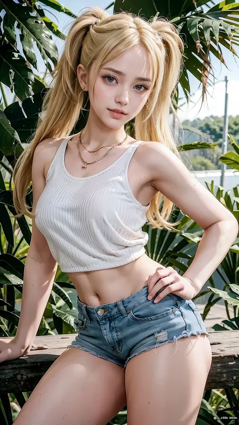 22 year old white female、hair color is blonde、blue eyes、long hair、The ends of the hair are wavy、has hair in twin tails、accessories on wrist、wearing a necklace、has earrings、skin is smooth、Slender but muscular body、smile、She wears a shirt that shows her unde...