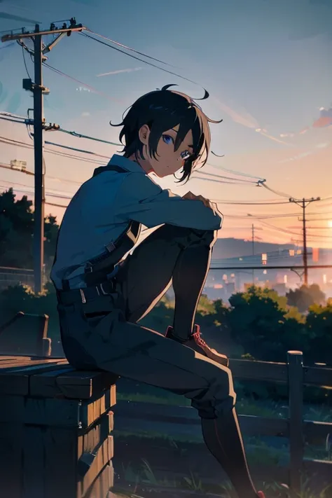 anime boy sitting on top of wire fence (best quality, highres), (anime, hand-drawn:1.1)