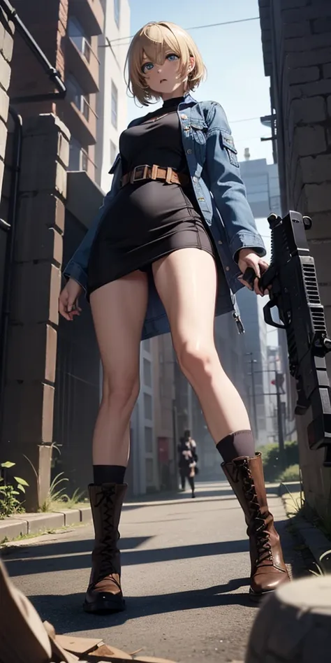 full body, from below,  8k,solo,Short blonde hair,blue eyes, horrified,panty shot,blush,thick thighs,((socks calf socks mid-calf socks)), v neck, (((black tube dress))), brown braided boots,belt, ayabrea, gun holster ,blue denim jacket,