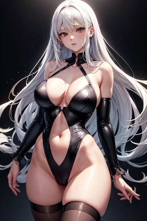 Beauty，full-body shot，Expose lower abdomen and collarbone，Expose abs，White hair，Slightly exposed chest，The chest is slightly larger，Seducing men with charming figures，Sweat slightly，Expose the crotch，Clothes are slightly tight，revealing buttocks，Black stoc...