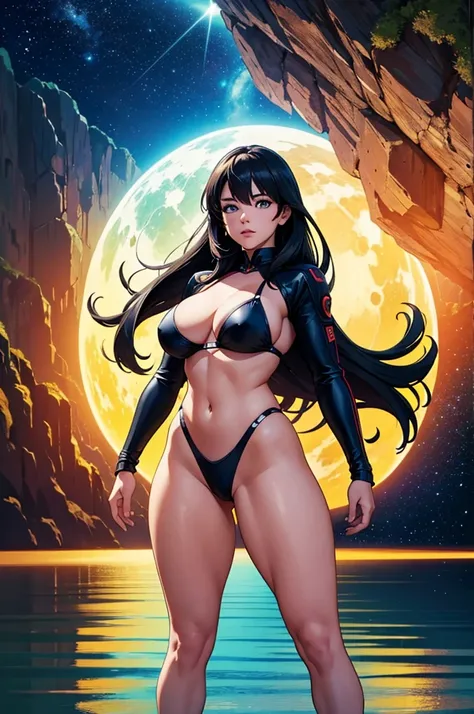 (best quality,4k,8k,highres,masterpiece:1.2),ultra-detailed,(realistic,photorealistic,photo-realistic:1.37),anime girl fantasy,sci-fi,bikini,big,front view,solo photo,thick hair,thick thighs,standing,thick legs,colorful,powerful lighting,deeper shadows,sha...