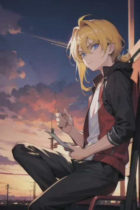 (guy sitting on a wire fence) perspective, painterly anime, high definition, hand-drawn, soft lighting, pretty colors, dusk lighting, dramatic coloring, intense gaze