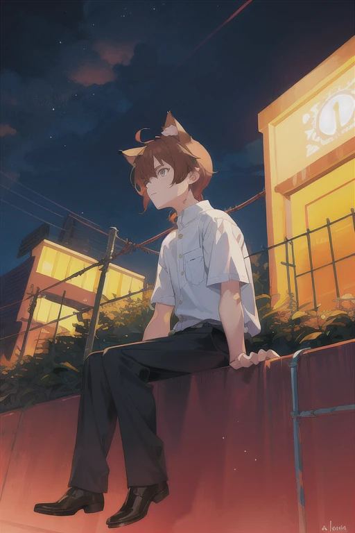 (guy sitting on a wire fence) perspective, painterly anime, high definition, hand-drawn, soft lighting, pretty colors, dusk lighting, dramatic coloring, wire fence, reddish brown hair, cat ears