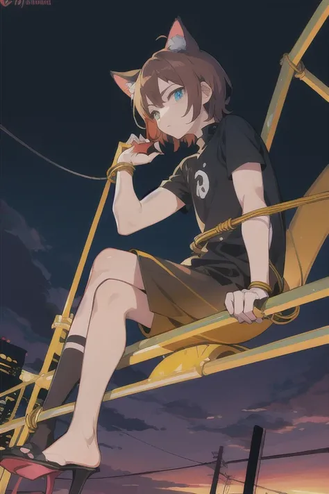 (guy sitting on a wire fence) perspective, low angle, painterly anime, high definition, hand-drawn, soft lighting, pretty colors, dusk lighting, dramatic coloring, wire fence, reddish brown hair, cat ears, city aesthetic