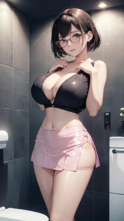 (Wet and clean skin、Wet and beautiful hair、favorite mini skirt、4k、high resolution、crying、embarrassing、Married woman、round chest、big big tits、round butt、sex appeal、Luxurious toilet、masturbation、sex)、very short hair glasses、Pink eyes、favorite atmosphere、