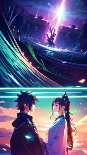 Anime illustration of Susanoo and Kushinadahime passing each other