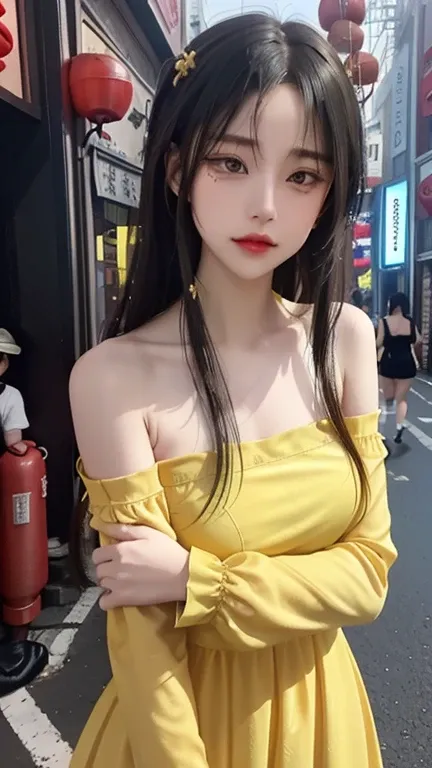 play sports often, (long sleeve yellow dress:1.2), No panties, (Cyberpunk settings: 1.2), compensate,, (1 girl: 1.4), highest quality, masterpiece, (reality: 1.2), young woman, lady, detailed face, fine eyes, fine hair, fine skin, looking at the viewer, dr...