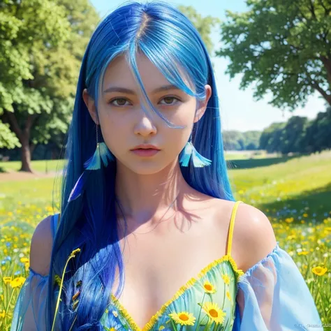 (realistic, photorealistic),(cowboy shot), ((close-up)), layla_genshin, blue hair, long hair, yellow eyes, pointed ears, bare shoulders, blue detached sleeves, upper body, standing, (masterpiece, high quality, best quality), (colorful),(delicate eyes and f...