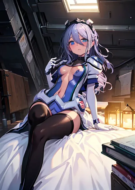 highest quality,sleep on your back in bed，Crab crotch，show me your boots，thigh high boots，leotardチラ見せ，glove，elegant, 1 girl, leotard，body suit，cute, blushed, looking at the viewer, from below, prison，blue eyes, beautiful eyes, beautiful background, particl...