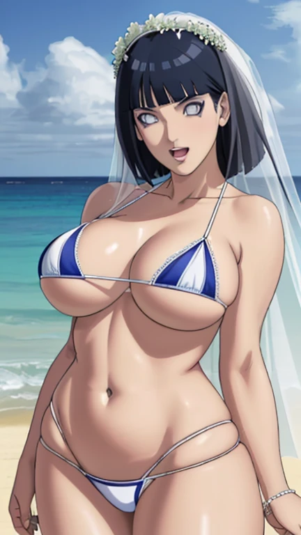 (WALLPAPER, masterpiece, 4k, anime style:1.9, ( detailed beach background, cowboy shot, looking at viewer, big breasts, big giant breast, open mouth, high color saturation, bold lines, bold drawing lines, (strong arms, flat belly, groin), detailed bold arm...