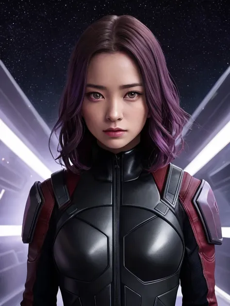 (highres, best quality:1.2), 1girl, upper body, masterpiece, nagato Yuki, standing, guardians of the Galaxy, solo, short hair, amber eyes, serious, ((lilac human skin color)), sci-fi assassin, ((photo)), 8k, teenage girl, starry sky