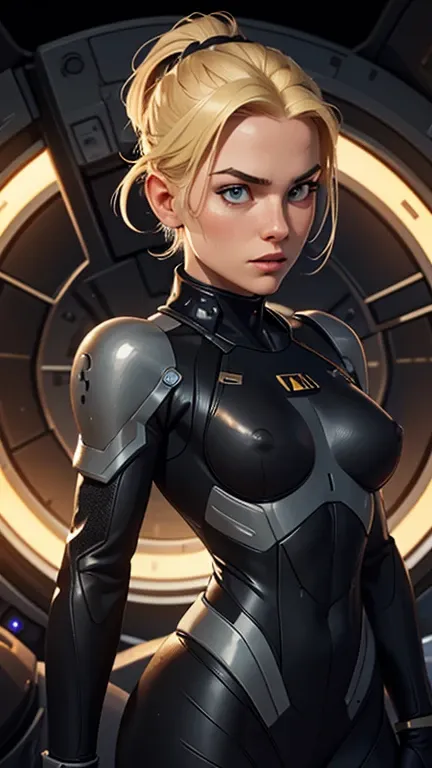 European woman in combat clothing, combat pose, detailed beautiful face, blonde hair, black battle suit, science fiction, in spaceship, small breasts, bare breasts, (((topless))), nipples, high resolution