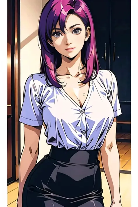 vibrant hair, pencil skirt, blouse, light, 神のlight, muscular, realistic, chest