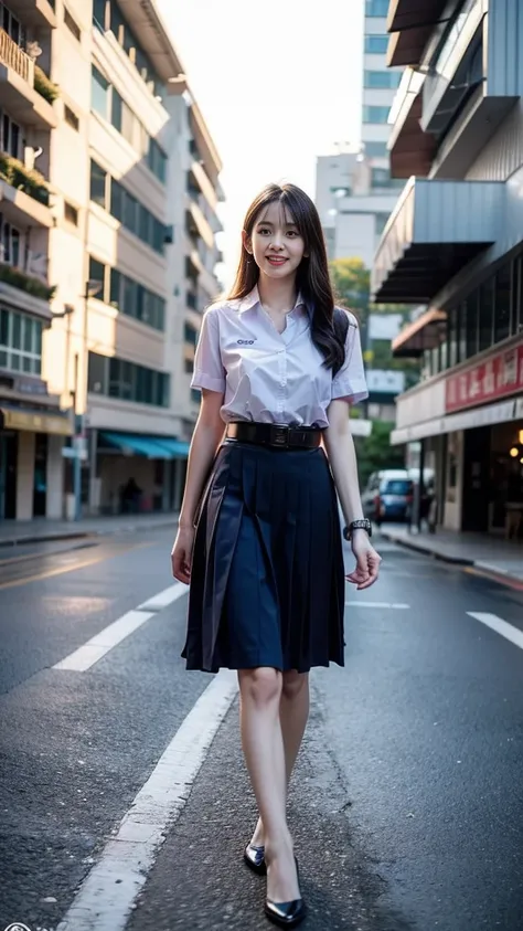 highest resolution, 8K, high definition, (((ผมlong))), Thai Students, Half Thai, half Japanese, half Korean., Age 18-25 years, Height 173 centimeters, (((stand, walk))), Beautiful face, แต่งBeautiful face, Double eyelids, red lips, smile at the corner of t...