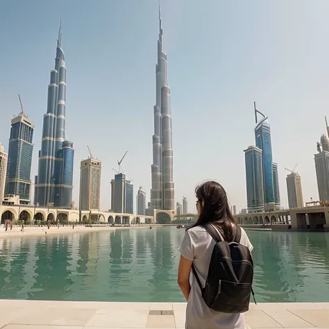 Create an illustration about a tourist, which looks at the Burj Khalifa skyscrapers in Dubai.