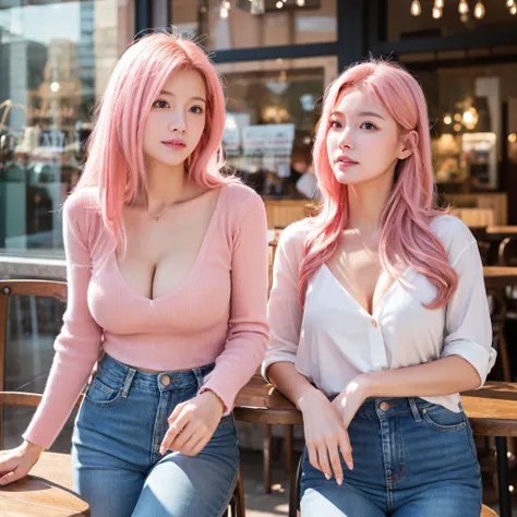 (realistic、High resolution:1.3)、Just one girl with a perfect figure、super thin face and eyes、pink hair、tits、short jeans、at the cafe、coffee on the table、