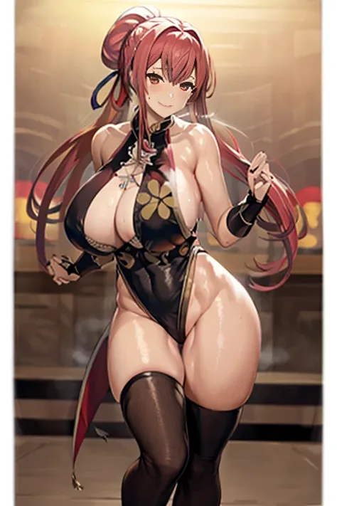 masterpiece, high resolution, best quality, beautiful art, rendered art, well formed hands, body, and fingers, 1 woman, solo, Bremerton Kung Fu cruiser, mature woman, big breasted, cleavage, blue_japanese_clothes, sleeveless, white stockings, sexy outfit, ...