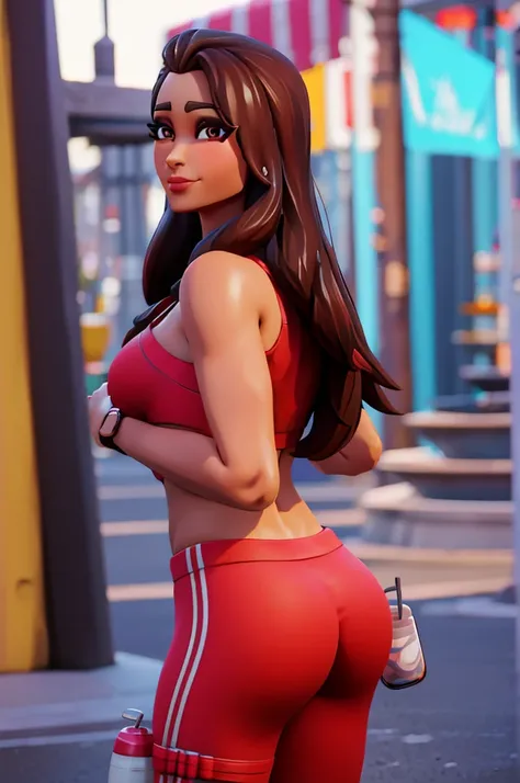 ruby , (fortnite),1girl, solo, long hair, looking at viewer, smile, breasts, city background, butt, bare shoulders, tight shirt,...