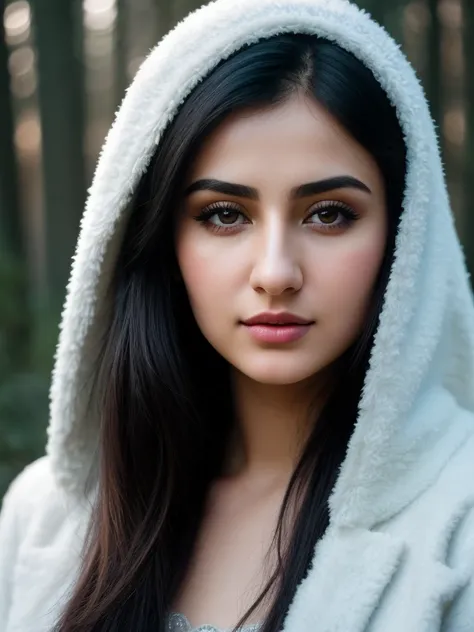 close up of a Azerbaijan woman, black hair, winter forest, natural skin texture, 24mm, 4k textures, soft cinematic light, RAW photo, photorealism, photorealistic, intricate, elegant, highly detailed, sharp focus, ((((cinematic look)))), soothing tones, ins...