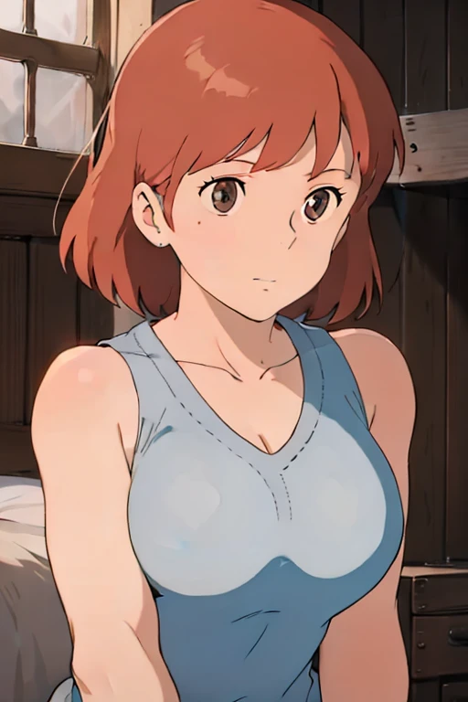 Nausicaa, 1girl, solo, cute, blush, slim, brown hair, (looking at away, cleavage), upper body, huge breasts, (white tanktop:1.5), sit, bed, (perfect detailed anatomy, beautiful face&eyes, beautiful skin, perfect body)