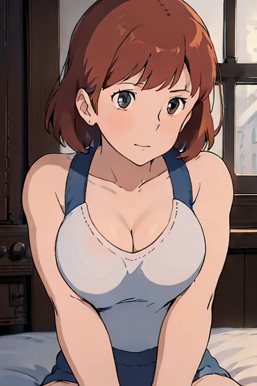 Nausicaa, 1girl, solo, cute, blush, slim, brown hair, (looking at away, cleavage), cowboy shot, huge breasts, (white tanktop:1.5), sit, bed, (perfect detailed anatomy, beautiful face&eyes, beautiful skin, perfect body)