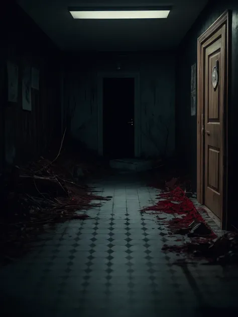 masterpiece, best quality, intricately detailed, horror, horror (theme), creepy place, eerie, 1 man,smirk,in the dark,deep shadow,horror (theme),blood,door,tile floor,monster,indoors,eldritch abomination,corpse,