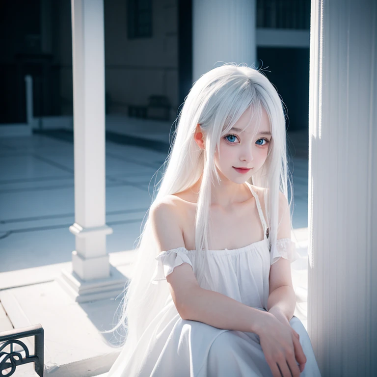 white hair，loli，smile，petite and delicate，blue eyes，black simple clothing，well-behaved and cute，innocence，innocent，indifferent e...