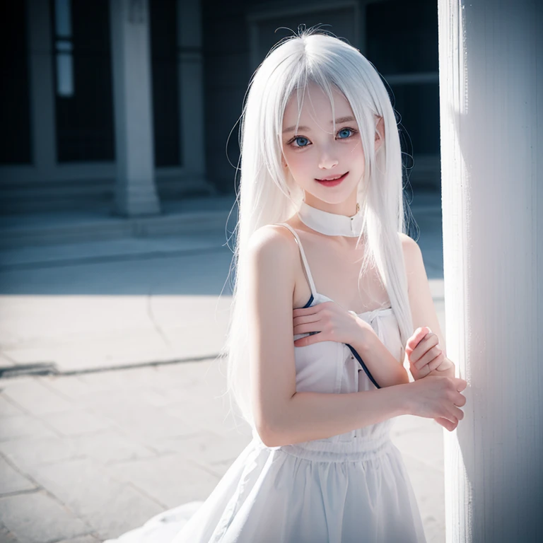 white hair，loli，smile，petite and delicate，blue eyes，black simple clothing，well-behaved and cute，innocence，innocent，indifferent e...