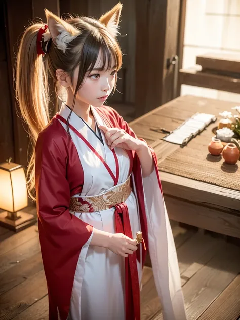 shrine maiden of ancient japanese shrine, combat readiness, pretty girl, kimono, long white hair in a ponytail, fox ears, fluffy fox tail, red fullmoon, dark colored haori, evil laugh, , Holding a priestesss wand, control fire, Ghosts and spirits fly aroun...