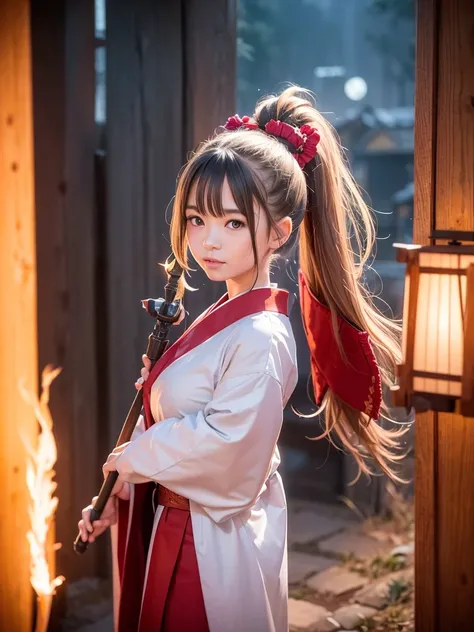 shrine maiden of ancient japanese shrine, combat readiness, pretty girl, kimono, long white hair in a ponytail, fox ears, fluffy fox tail, red fullmoon, dark colored haori, evil laugh, , Holding a priestesss wand, control fire, Ghosts and spirits fly aroun...