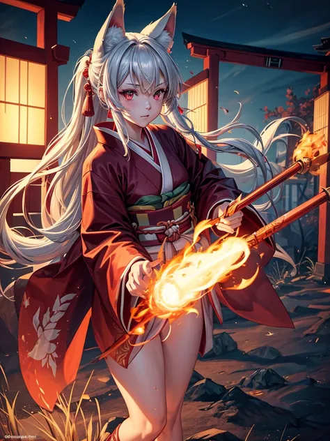 shrine maiden of ancient japanese shrine, combat readiness, pretty girl, kimono, long white hair in a ponytail, fox ears, fluffy fox tail, red fullmoon, dark colored haori, evil laugh, , Holding a priestesss wand, control fire, Ghosts and spirits fly aroun...