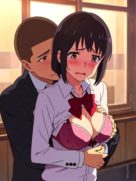 shinkai makoto, kimi no na wa., 1boy, buzzcut, school uniform, hug, cheek kissing cheek, 1girl,black hair, red ribbon, red headband, short hair, open eyes, open mouth, tears eyes, blush, brown eyes, collared shirt, red bow, white long sleeve, unbuttoned, o...