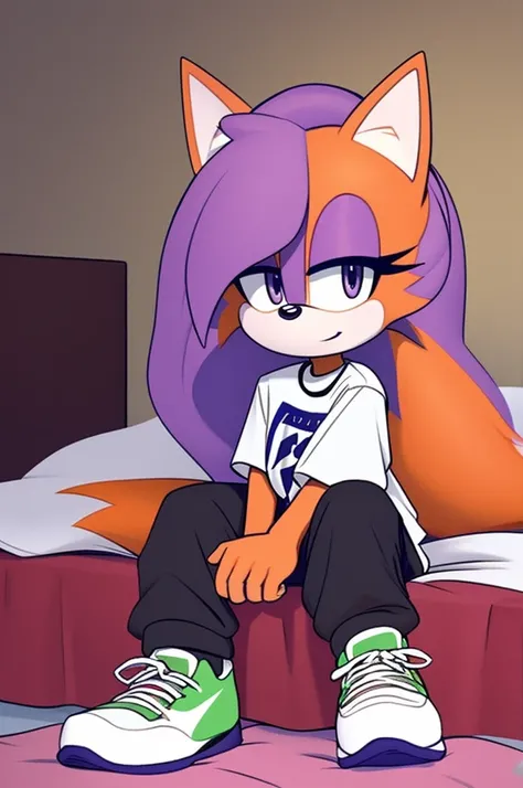 This Mobian is a female fox, she has long flowy hair, her eyes are purple, she has facial markings, and has orange fur. Shes wearing high top Nike sneakers with oversized pants and an oversized t-shirt. shes in her bedroom, shes sitting on her bed.