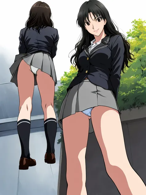 highest quality, ultra high resolution, (realistic: )2D official style cel animation,(multiple views)Amagami Tsukasa Ayatsuji,high school girl,uniform,gray mini skirt,summer shirt.Unlock button,good,panties,long hair,straight hair,full body portrait,(from ...