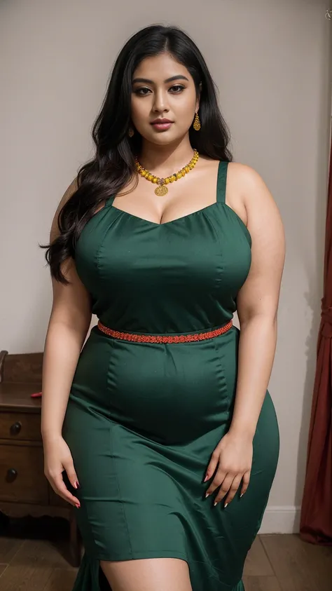 Sabitri Chatterjee bengali actress beautiful actress sexy curvy plus size model woman in a different red green black yellow color Fit and flare Dress in village house, manga mala necklace ornament in necklace for wedding, Head Jewelry for wedding, busty, s...