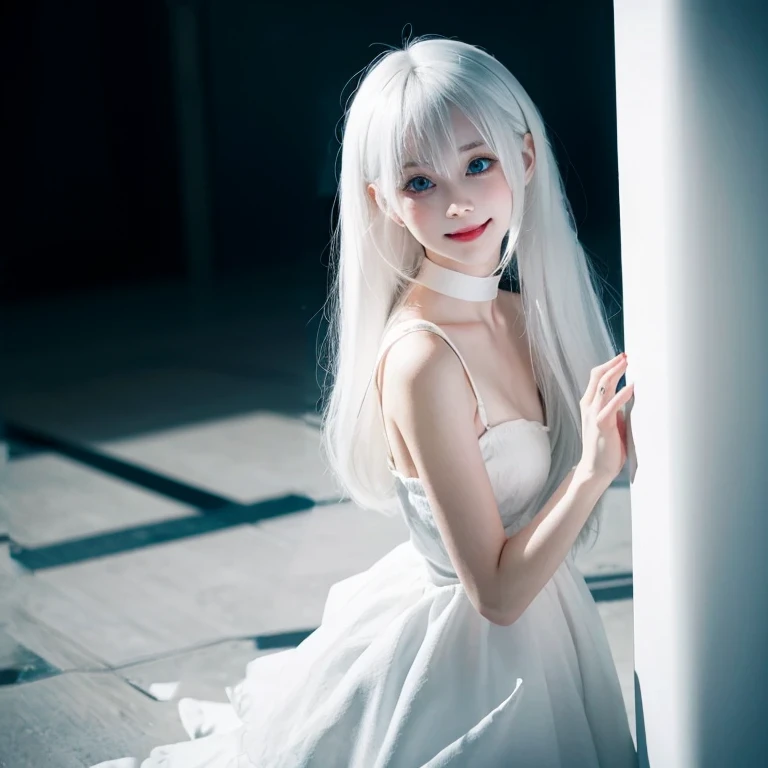 white hair，loli，smile，petite and delicate，blue eyes，black simple clothing，well-behaved and cute，innocence，innocent，indifferent e...