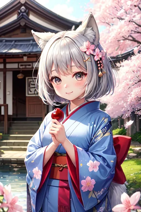 ((highest quality)), ((masterpiece)), (be familiar with), perfect face、wolf ears、kimono、silver hair、gray eyes、bob、chibi character、cute、Cherry Blossom Hair Ornament、shrine、water reflection、particle