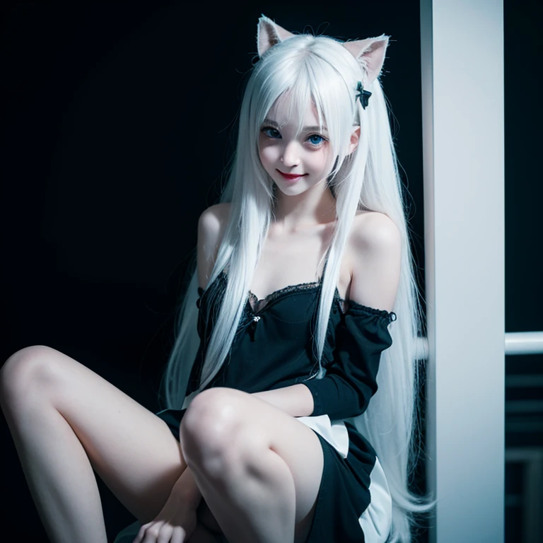 white hair，loli，Smile，Petite and delicate，Blue eyes，Black simple clothing，Well-behaved and cute，Innocence，Innocent，Indifferent expression，gentle，Evil girl，Contrast，fangs，fear，Dark background