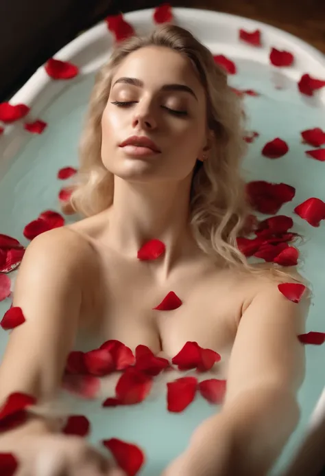 Portrait of a young beautiful woman in a bath, filled with rose petals, her body is wet and intimate, She has a submissive expression on her face, full length photo, view from above, hyperrealistic, unreal engine 5, 8K blonde, shatush, average breast size