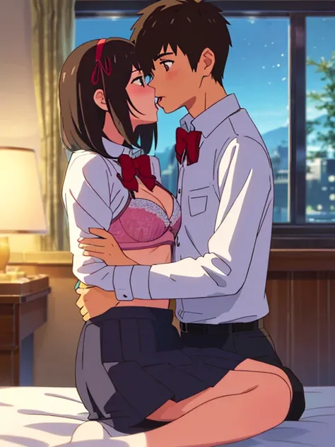 shinkai makoto, kimi no na wa., 1boy, buzzcut, school uniform, face to face, boy holding girls shoulders, kiss attempt, cheek licking cheek, 1girl, mitsuha miyamizu, open mouth, tears eyes, black hair, red ribbon, red headband, short hair, blush, brown eye...