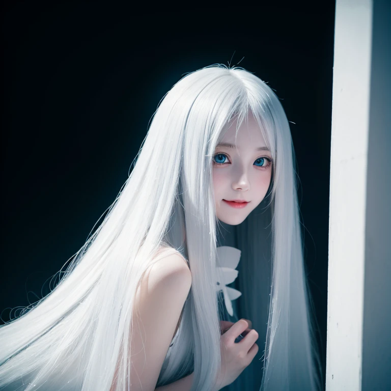 long white hair，loli，Smile，Petite and delicate，Blue eyes，Black simple clothing，Well-behaved and cute，Innocence，Innocent，Indifferent expression，gentle，Evil girl，Contrast，fangs，sacred background，whole body，individual，Ryuhime