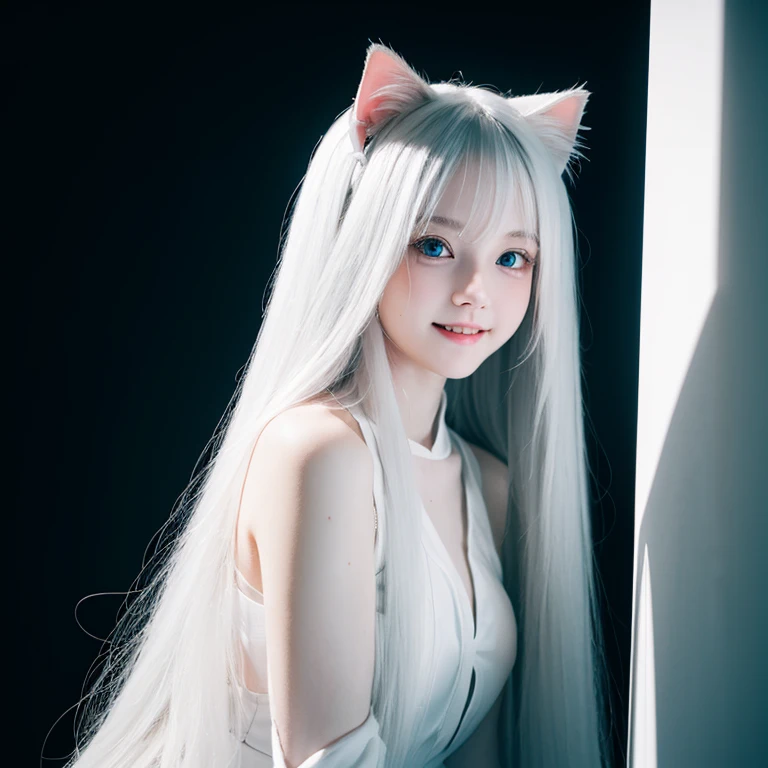 long white hair，loli，smile，petite and delicate，blue eyes，black simple clothing，well-behaved and cute，innocence，innocent，indiffer...