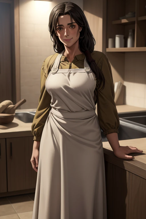 masterpiece, best quality, absurdres, perfect anatomy, 1girl, solo, carla yeager, long hair, hair over shoulder, apron, long ski...