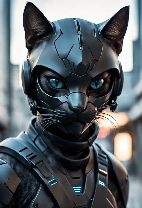 Dramatic shot of a futuristic humanoid ninja cat, stealth, Cinematic Stealth, Detailed Context Hyper-Detailed Photography, natural lighting, Nikon 70d, Diffusion souterraine, Hdr, aberration chromatique, volumetrics dtx