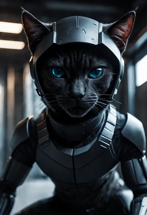 Dramatic shot of a futuristic humanoid ninja cat, stealth, Cinematic Stealth, Detailed Context Hyper-Detailed Photography, natural lighting, Nikon 70d, Diffusion souterraine, Hdr, aberration chromatique, volumetrics dtx